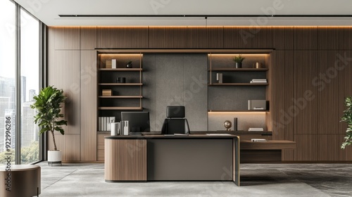 Wallpaper Mural Modern Executive Office Design with Wooden Paneling and City View Torontodigital.ca