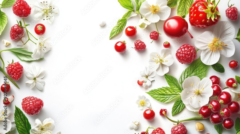 Bright 3D vector featuring juicy berries, ripe vegetables, and blooming flowers on a crisp white background Bright 3D vector featuring juicy berries, ripe vegetables, and blooming flowers on a crisp white background