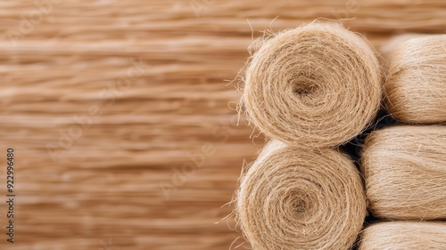 Detailed image of hemp fibers being processed into bio-composites, showing the intricate textures, photo-realistic, renewable materials production photo