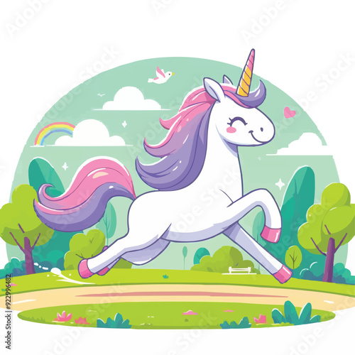 a cartoon unicorn running happily in park