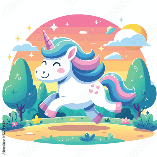 a cartoon unicorn running happily in park