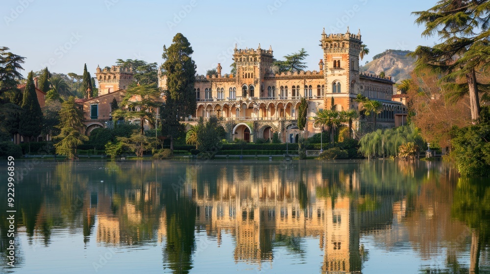 Fototapeta premium Scenic Italian Lakefront Villa Architectural Castle with Reflected Beauty in Lazio, Italy