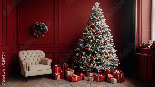 beautifully_decorated_Christmas_tree_red_background