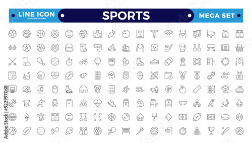 Sports icon set. Containing football, basketball, trophy, competition, medal, gym, volleyball and more. Editable stroke outline icon. 