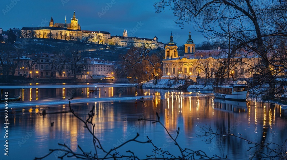 Fototapeta premium Prague Castle and Church Reflecting in Water at Dusk