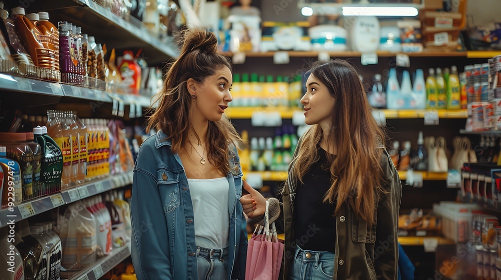 Two Young Women are shopping together in a grocery store, they are looking at products and having a conversation. They are smiling and seem to be enjoying their shopping trip. Two Young Women are shopping together in a grocery store, they are looking at products and having a conversation. They are smiling and seem to be enjoying their shopping trip.