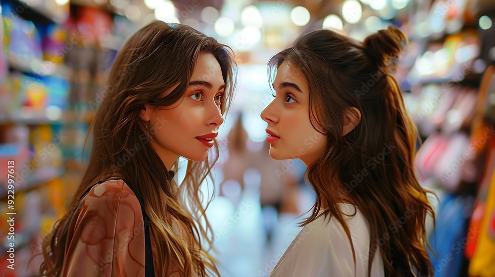 Two Young Women stand in a store smiling and looking at each other. They appear to be friends and are enjoying their time together. Two Young Women stand in a store smiling and looking at each other. They appear to be friends and are enjoying their time together.