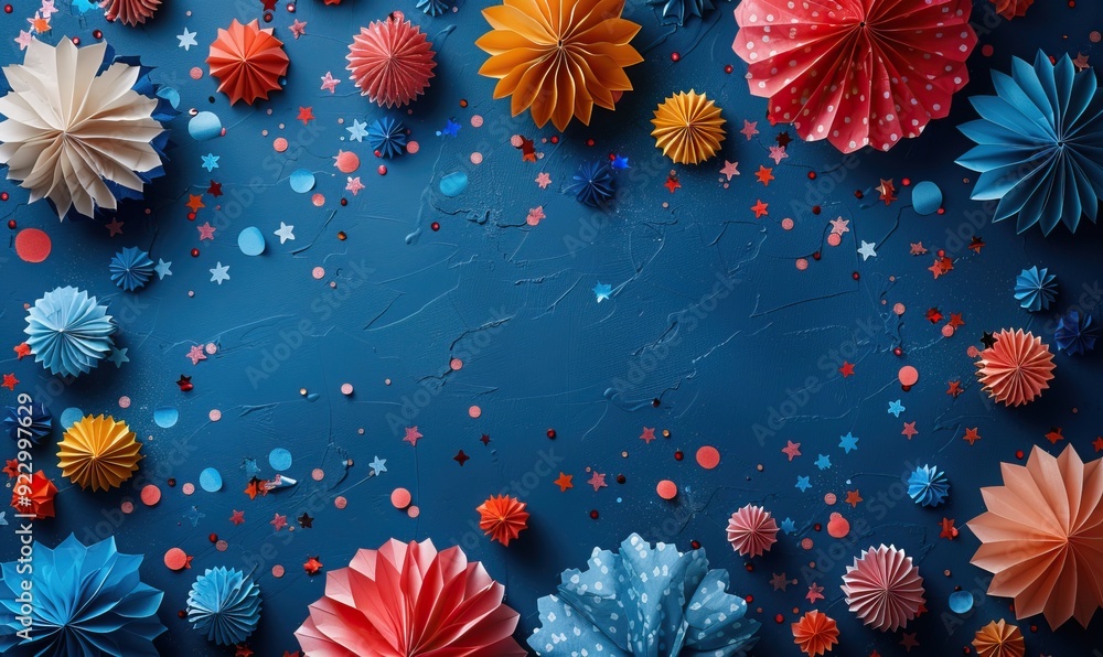 flat lay composition with american flag color firecrackers paper fans confetti on blue background usa independence day labor day election campaign concept. flat lay composition with american flag color firecrackers paper fans confetti on blue background usa independence day labor day election campaign concept.