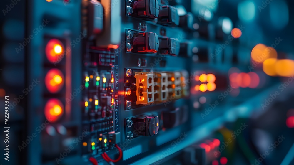 A row of electronic equipment with a blue background. The equipment is lit up and he is in use A row of electronic equipment with a blue background. The equipment is lit up and he is in use