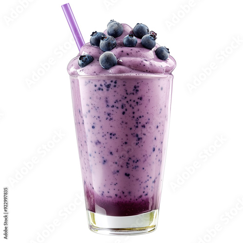 Fresh Blueberry Milkshake Served in a Tall Glass With a Purple Straw on a Sunny Afternoon. photo