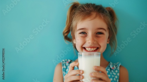 A happy little kid drink milk from glass