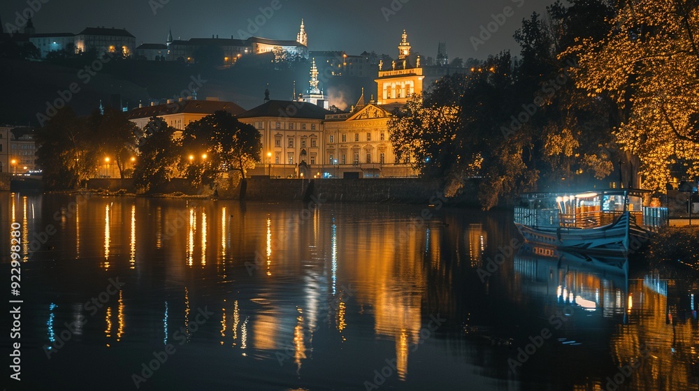 Fototapeta premium Nighttime View of a City with a River and Buildings Reflecting in the Water