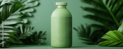 A biodegradable bottle made from biomass material, set in a natural environment, ultra-detailed, eco-friendly packaging design