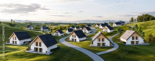 A drone view of a sustainable village with homes made from renewable biomaterials, showing integration with the natural environment, photo-realistic, eco-friendly community design