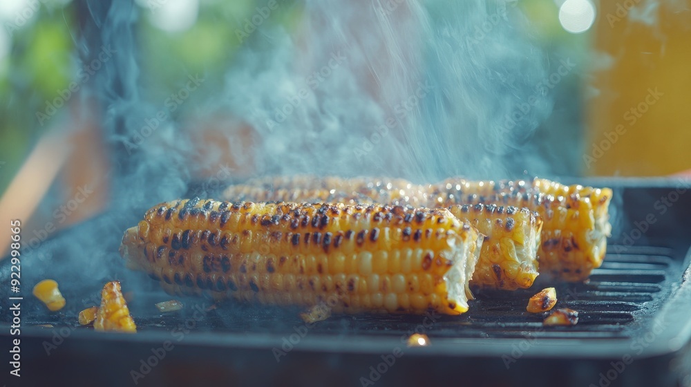 Close up of grilled corn on the cob with smoke rising from it. Close up of grilled corn on the cob with smoke rising from it.