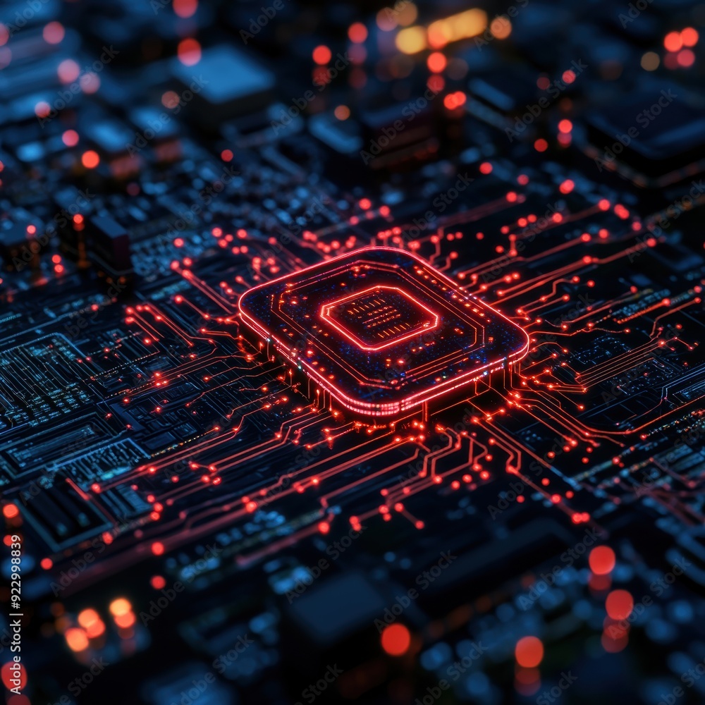 Close-up of a glowing red microchip integrated into a high-tech circuit board, highlighting advanced technology and digital innovation. Close-up of a glowing red microchip integrated into a high-tech circuit board, highlighting advanced technology and digital innovation.