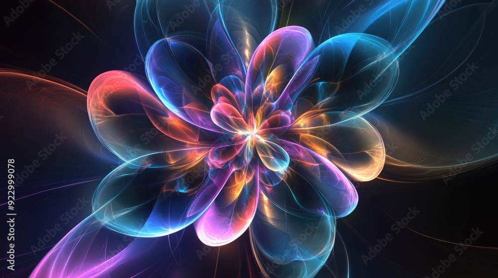 Colorful digital flower in fractal patterns, glowing with iridescent hues, symbolizing the beauty of mathematics Colorful digital flower in fractal patterns, glowing with iridescent hues, symbolizing the beauty of mathematics