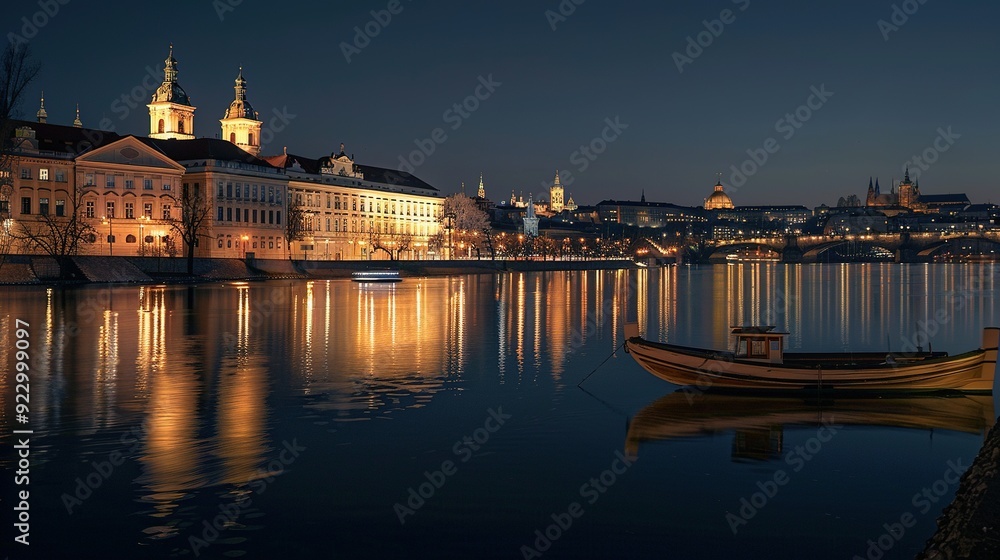 Nighttime View of Prague with a Boat on the Vltava River Nighttime View of Prague with a Boat on the Vltava River