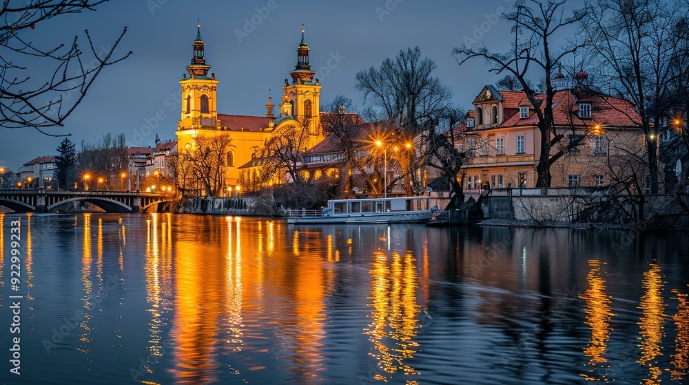 Fototapeta premium Illuminated Church Towers Reflected in a River at Dusk