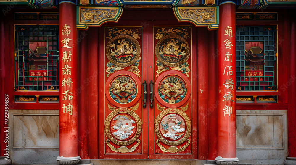 Obraz premium Close-up of intricate Chinese New Year decorations on a doorway, red and gold colors, paper cuttings and couplets, festive and detailed.
