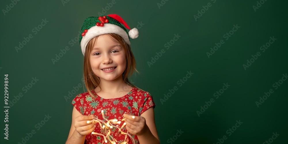 A little girl holding string of light wearing Christmas hat A little girl holding string of light wearing Christmas hat