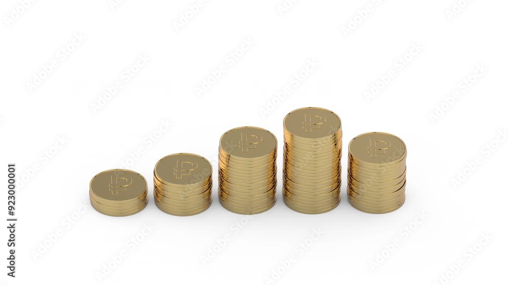 3d animation showing Russian Ruble currency Coin growing and multiplying in clean white background with alpha matt to remove or replace background. Money compounding concept 3d animation showing Russian Ruble currency Coin growing and multiplying in clean white background with alpha matt to remove or replace background. Money compounding concept