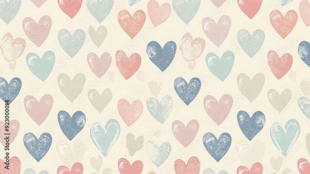 Soft pastel hearts in various sizes create an inviting and playful pattern on a light-colored surface Soft pastel hearts in various sizes create an inviting and playful pattern on a light-colored surface