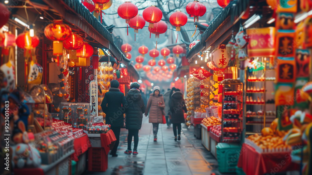Bustling Chinese New Year street market, vibrant stalls with traditional goods, colorful decorations and lanterns. Bustling Chinese New Year street market, vibrant stalls with traditional goods, colorful decorations and lanterns.