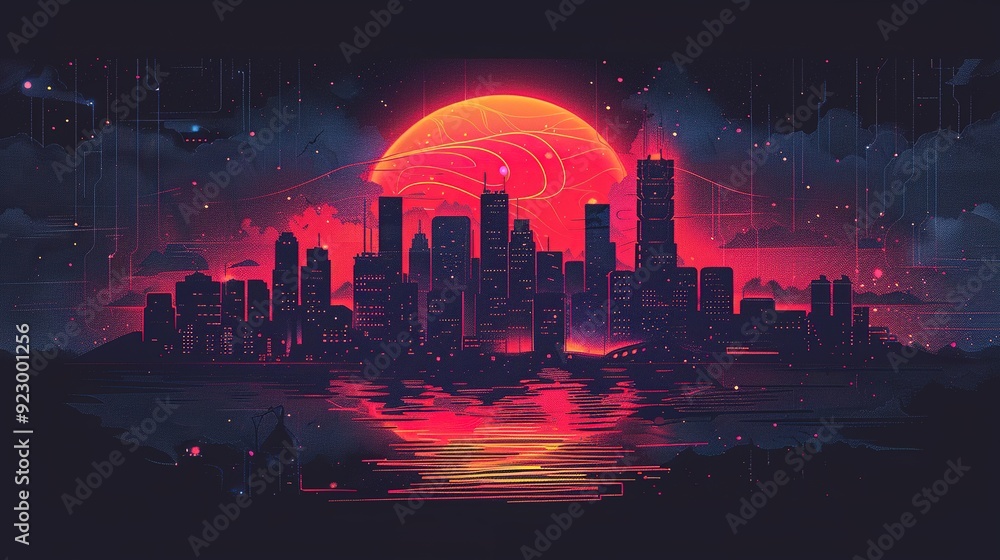 Cityscape with a red sunset and a digital background. Cityscape with a red sunset and a digital background.