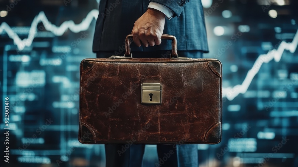 A man is holding a brown leather briefcase A man is holding a brown leather briefcase