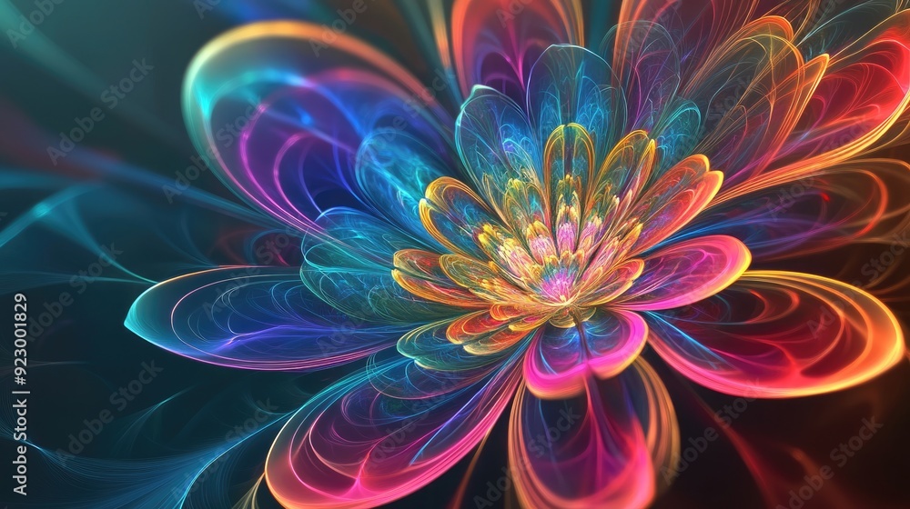 Iridescent digital flower with fractal designs, radiating vibrant hues and symbolizing the beauty of mathematics Iridescent digital flower with fractal designs, radiating vibrant hues and symbolizing the beauty of mathematics