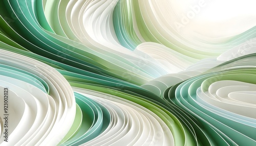 Abstract waves of green and white hues flowing smoothly in a gradient with soft light