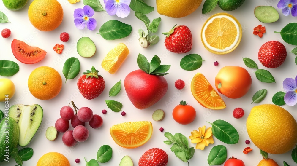 Lush 3D vector of fresh fruits and veggies, adorned with elegant flower patterns on a clean white canvas Lush 3D vector of fresh fruits and veggies, adorned with elegant flower patterns on a clean white canvas