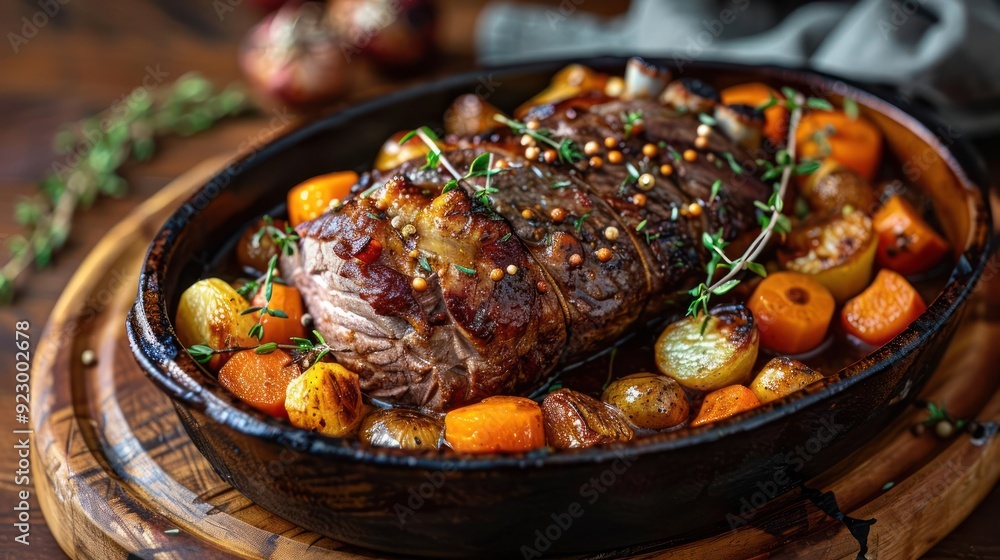 cooked meat on top of carrots and other veggies, served in a black frying pan, cooked meat on top of carrots and other veggies, served in a black frying pan,