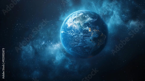 Luminous Earth against a dark blue space background with realistic lighting, highlighting global political and social commentary.