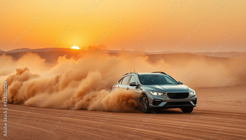 Rugged SUV Drifting Through Desert Sand Dunes at Sunset with Clouds of Dust and Intense Motion in Off-Road Adventure Scene Rugged SUV Drifting Through Desert Sand Dunes at Sunset with Clouds of Dust and Intense Motion in Off-Road Adventure Scene