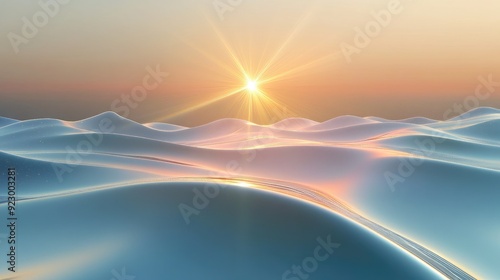 Serene 3D abstract art showcasing a peaceful scene with a glowing star, smooth waves, and calming light