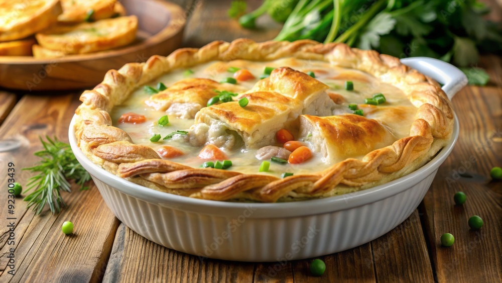 Freshly baked salmon pot pie with a golden, flaky puff pastry crust, overflowing with tender chunks of fish, vegetables, and creamy sauce. Freshly baked salmon pot pie with a golden, flaky puff pastry crust, overflowing with tender chunks of fish, vegetables, and creamy sauce.