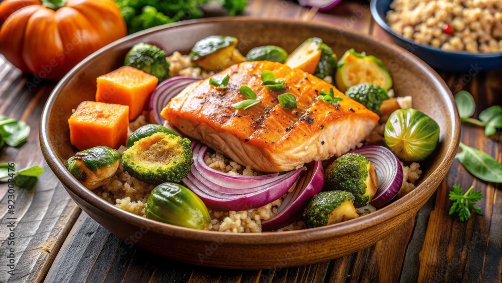 Freshly cooked salmon fillet atop a nutritious quinoa bowl, paired with an array of vibrant roasted vegetables, including Brussels sprouts, sweet potatoes, and caramelized red onions. Freshly cooked salmon fillet atop a nutritious quinoa bowl, paired with an array of vibrant roasted vegetables, including Brussels sprouts, sweet potatoes, and caramelized red onions.