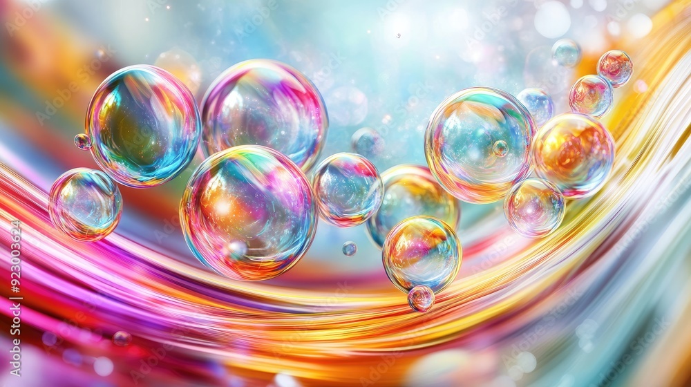 Stunning 3D bubbles in vivid colors, gracefully flowing on a swirling white lines background, evoking a sense of movement and joy Stunning 3D bubbles in vivid colors, gracefully flowing on a swirling white lines background, evoking a sense of movement and joy