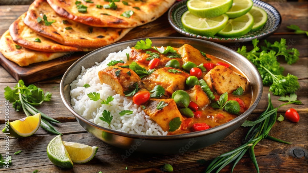 Vibrant and flavorful salmon and vegetable curry served over basmati rice with crispy naan bread and garnished with fresh cilantro and scallions. Vibrant and flavorful salmon and vegetable curry served over basmati rice with crispy naan bread and garnished with fresh cilantro and scallions.