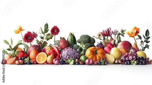 Stunning 3D design of assorted fruits and vegetables with a floral watermark, isolated on white for A4 cover