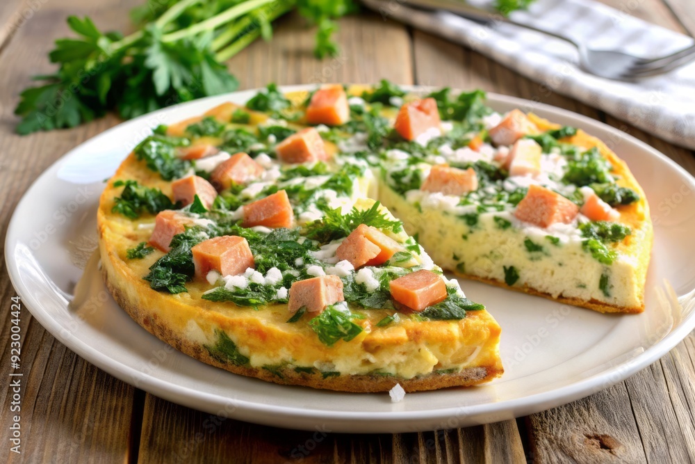 Freshly baked salmon and spinach frittata with crumbled feta cheese, garnished with chopped fresh parsley and served on a white ceramic plate. Freshly baked salmon and spinach frittata with crumbled feta cheese, garnished with chopped fresh parsley and served on a white ceramic plate.