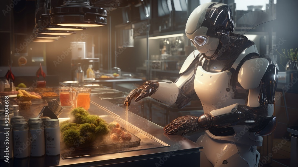 An AI-powered robotic chef preparing a gourmet meal in a futuristic kitchen, symbolizing the culinary applications of AI An AI-powered robotic chef preparing a gourmet meal in a futuristic kitchen, symbolizing the culinary applications of AI