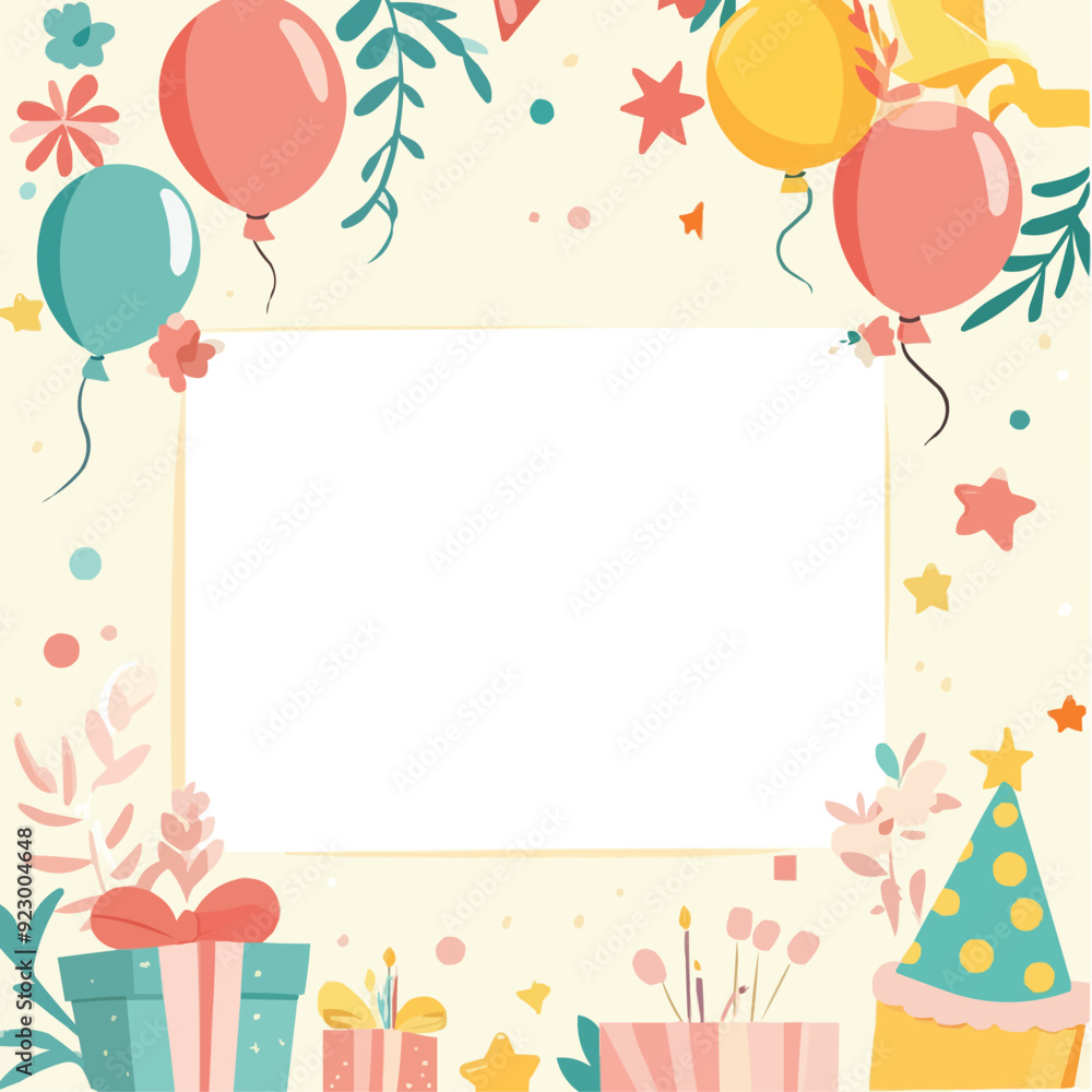 A cute birthday card with balloons gifts and party hats A cute birthday card with balloons gifts and party hats