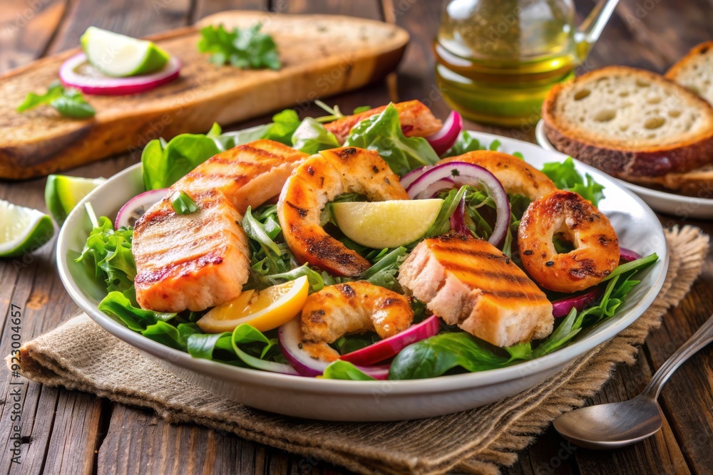 Fresh salmon and avocado salad tossed with mixed greens, red onion, and balsamic vinaigrette, paired with grilled shrimp and crusty bread for a delightful summer meal. Fresh salmon and avocado salad tossed with mixed greens, red onion, and balsamic vinaigrette, paired with grilled shrimp and crusty bread for a delightful summer meal.