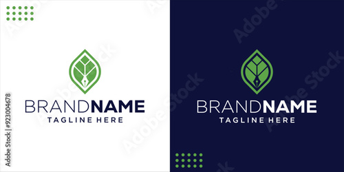 Creative Pen and Leaf Negative Space Logo, Design Inspiration, Illustration, Vector