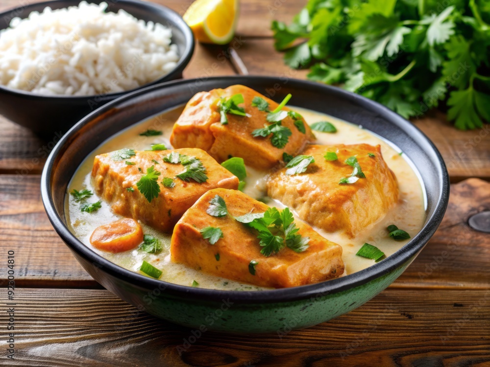 Freshly prepared salmon korma dish garnished with fresh cilantro, served with a side of fluffy basmati rice and creamy coconut milk sauce. Freshly prepared salmon korma dish garnished with fresh cilantro, served with a side of fluffy basmati rice and creamy coconut milk sauce.