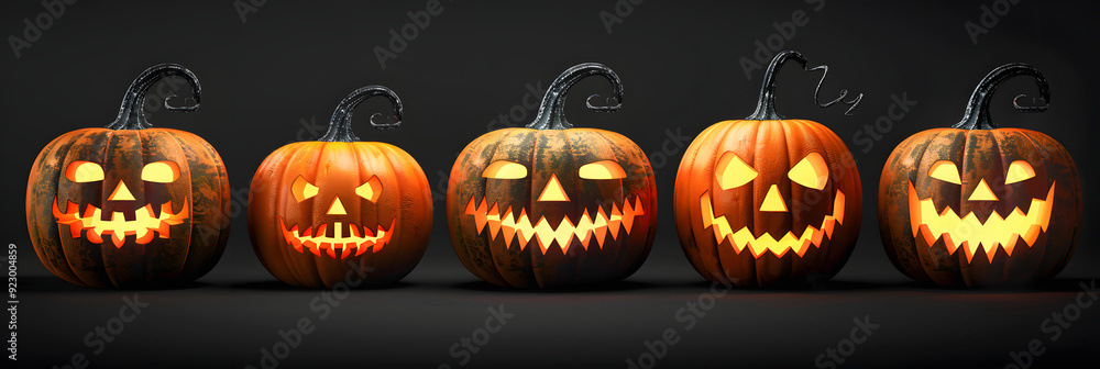 ハロウィンの夜を彩るジャックオーランタンの並び ハロウィンの夜を彩るジャックオーランタンの並び