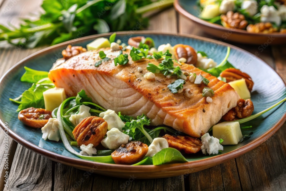 Freshly grilled salmon fillet served atop a bed of roasted fennel, mixed greens, toasted walnuts, and crumbled blue cheese, drizzled with a zesty vinaigrette. Freshly grilled salmon fillet served atop a bed of roasted fennel, mixed greens, toasted walnuts, and crumbled blue cheese, drizzled with a zesty vinaigrette.